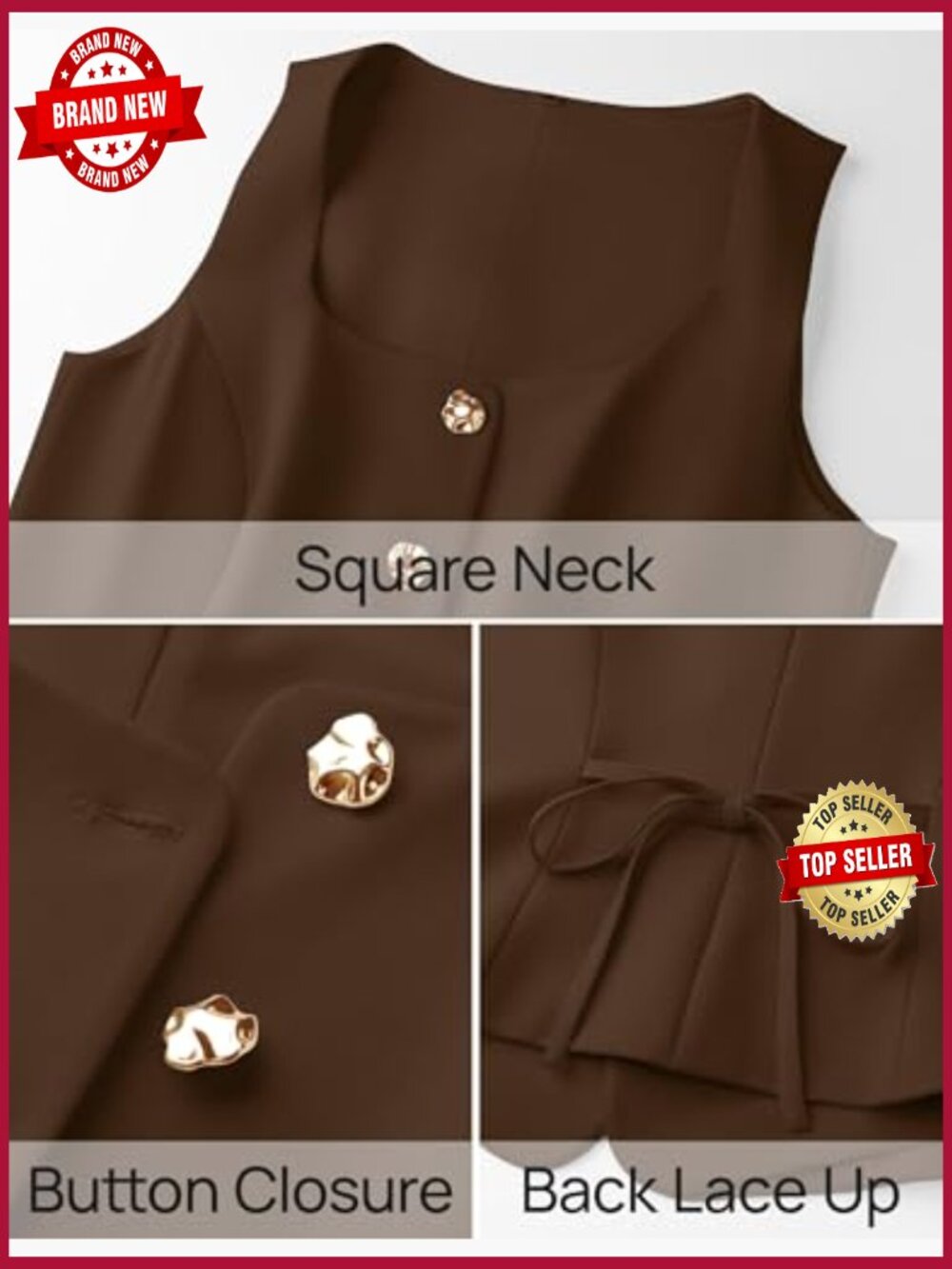 Square Neck Sleeveless Suit Vest Blazer Top Business Casual - Picture 6 of 7